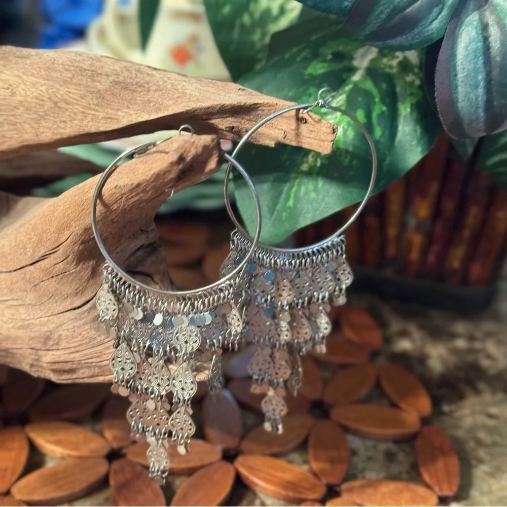 Silver Hoop Chandelier Earrings with Dangle Charms